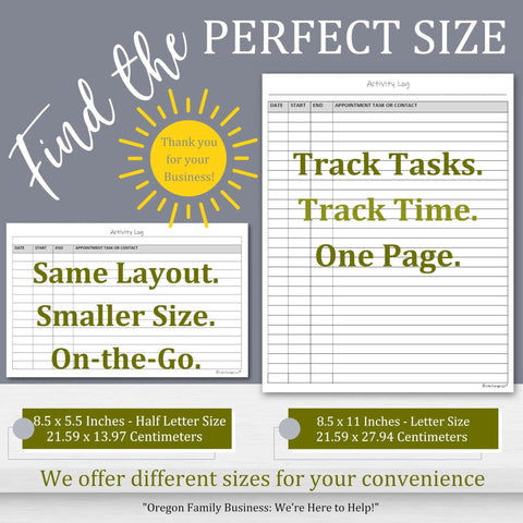 All In One Daily Activity Log Notepad For Boss Level Office Productivity And Task Tracking Time Management Planner With Work Communication Logbook And Timesheet To Get You Organized On An 8.5 By 11 Legal Pad 60 Pages, showing activity logs in two sizes