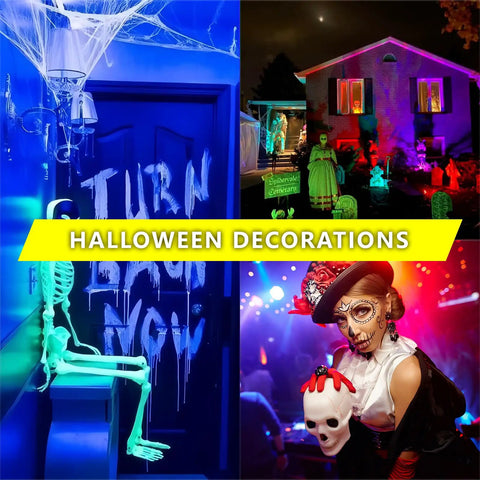 Collage of Halloween decorations with glowing neon skeleton, haunted house, and person in costume, highlighting spooky effects.