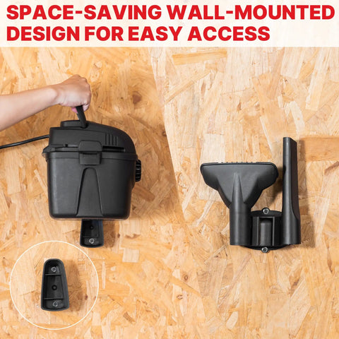 One Gallon Wet Dry Vacuum Micro 1.0 Peak HP With 1.25 Inch By 4 Foot Hose shown wall-mounted for easy storage
