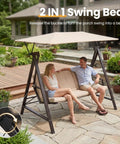 Three Seater Outdoor Swing With Canopy And Stand Heavy Duty 600 Lb Capacity All Weather Adjustable Canopy Two In One Convertible Swing Bed With Cushions For Backyard Garden Deck Khaki