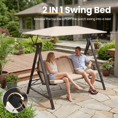 Three Seater Outdoor Swing With Canopy And Stand Heavy Duty 600 Lb Capacity All Weather Adjustable Canopy Two In One Convertible Swing Bed With Cushions For Backyard Garden Deck Khaki