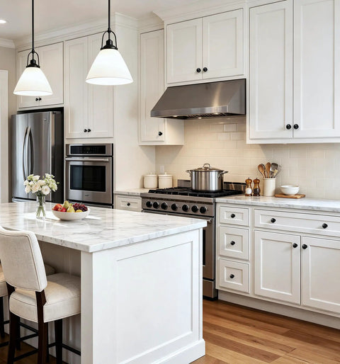 Matte Black Round Euro Style Cabinet Knobs One And One Quarter Inch 30 Pack on white kitchen cabinets and drawers