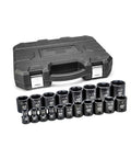 Nineteen Piece Half Inch Drive Six Point Standard Impact Socket Set SAE with off corner loading and black oxide finish displayed with case