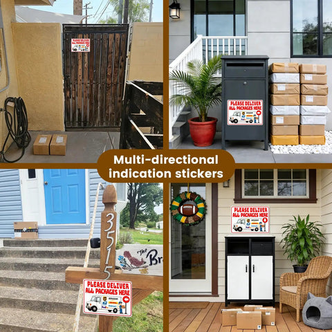 Handle Every Package Drop Off Like A Pro With This 14X10 Inch Delivery Sign For Packages Featuring Highly Visible Text And Pre Drilled Holes For Quick Porch Fence Installation in four delivery locations.