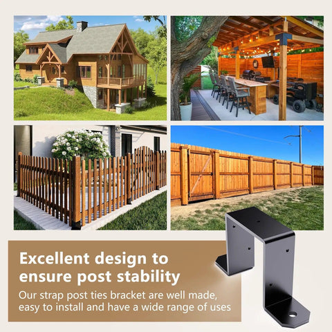 Beefy 4x4 Post Brackets Set 8 Pack U Fence Brackets For 3.5x3.5 Inch Wood Posts 12 Gauge Steel Strap Ties Black Powder Coat