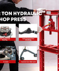 12 Ton Hydraulic H Frame Shop Press Heavy Duty Steel Work Stand shown pressing auto parts like control arms and U-joints.