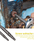 9 Piece Jumbo Spiral Flute Screw Extractor Set for Removing Broken Screws and Bolts in use on rusty metal surface