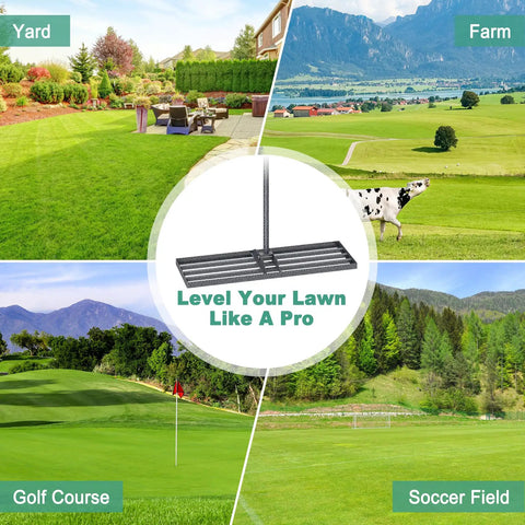 Lawn Leveling Rake 30x10 Heavy Duty With Anti Rust Coating And Adjustable Handle Effort Saving Leveler displayed on yard and farm