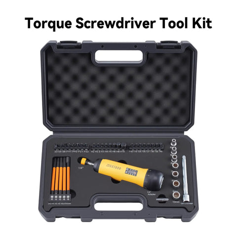 Torque Screwdriver Kit With 39 Bit Set Adjustable 10 to 70 In Lb Range Quarter Inch Quick Release Drive Pro Grade Precision Plus Or Minus Six Percent Accuracy Great For Scope Mounts Bike Maintenance Electronics And DIY in open case