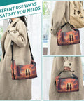 Cowboy Ride Desert Theme Insulated Lunch Bag With High Capacity Tote shown held by model, showcasing desert-themed print