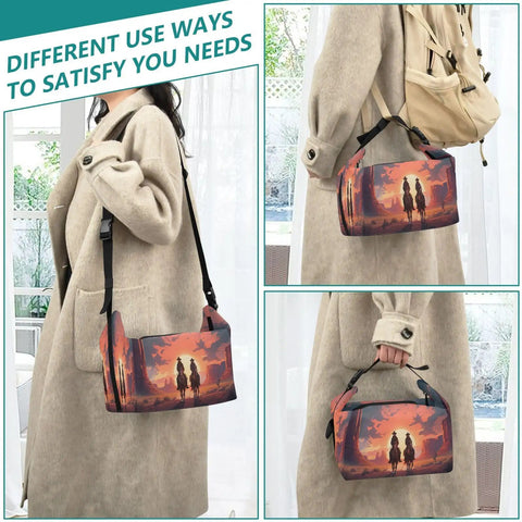 Cowboy Ride Desert Theme Insulated Lunch Bag With High Capacity Tote shown held by model, showcasing desert-themed print