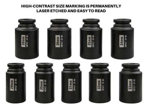 1/2 Inch Deep 6-Point Impact Socket Set For Axle Nuts 29mm-38mm, 9-Piece Cr-Mo Chrome Molybdenum Steel With Black Phosphate Finish