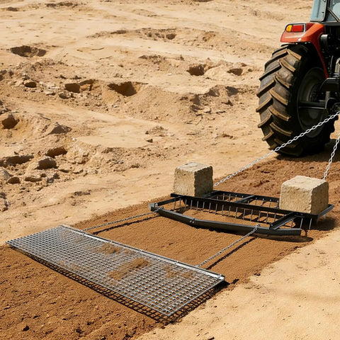 Tow Behind 6 Ft Drag Harrow with chain harrow smoothing dirt, attached to a tractor, for leveling driveways and fields.