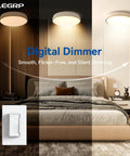 Smooth Dimmer Switch For 300W Dimmable LEDs And 600W Incandescent Halogen Bulbs No Fuss Single Pole And 3 Way LED Slide Dimmer With Wall Plate Included UL Listed 10 Pack White in bedroom setting illustrating dimming effect.