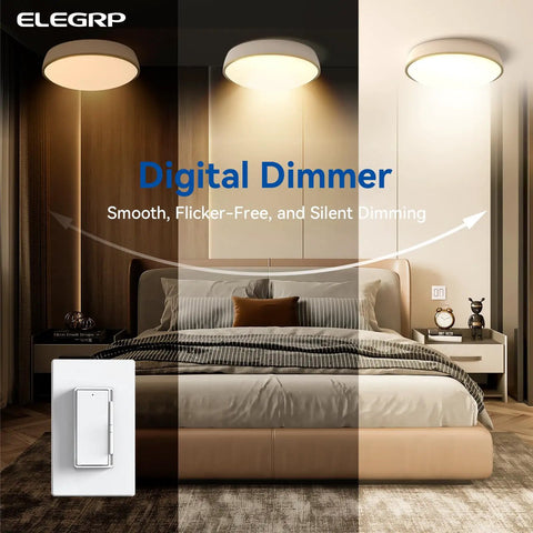 Digital Dimmer Light Switch for 300W LED CFL and 600W Incandescent Halogen, Single Pole and 3 Way, slider shown in bedroom
