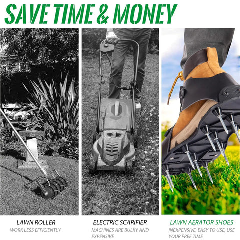 Comparison of lawn roller, electric scarifier, and Heavy Duty Lawn Aerator Shoes With Spikes For Effortless Yard Aeration And Healthy Grass Growth