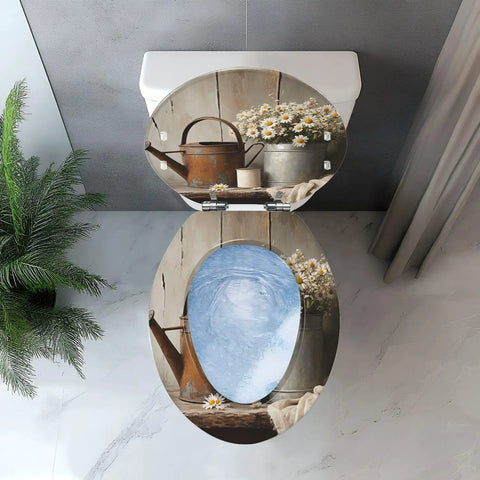Elongated Toilet Seat Farmhouse design with rustic watering can and flowers on a wood background, top view.