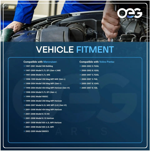 Vehicle fitment guide for OEG parts with engine compatibility list for Mercruiser and Volvo Penta, 2000s models display.