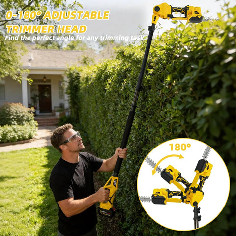 Knock Out Weeds And Overgrown Bushes With This Cordless Pole Hedge Trimmer And Grass Shears, Four In One Power Tool With 16ft Reach And 4.0Ah Battery For Tough Yard Jobs And Easy Storage Solutions, adjustable trimmer head for easy angles.