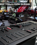 Heavy Duty EVA Workbench Mat 24x72 Inches 5mm Thick Super Grippy Garage Workshop Pad on workbench with tools in a garage