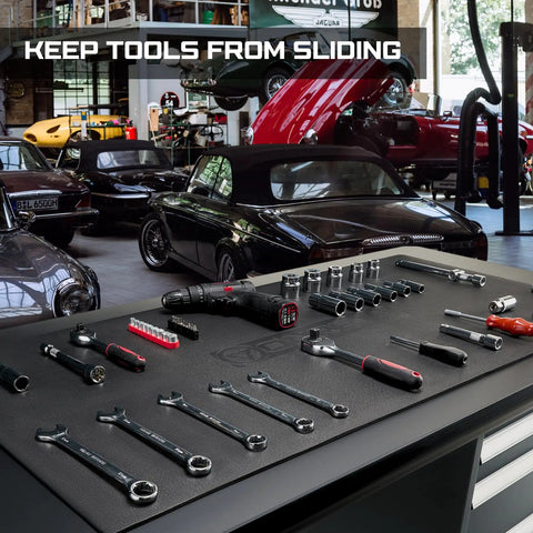 Beefy 24x48 Inch EVA Workbench Mat, Heavy Duty Surface Protector with 5mm Thick Non Slip Pad in a workshop with tools.
