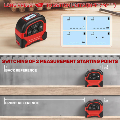 2 In 1 Digital Laser Tape Measure With 196ft Laser Distance And 16ft Manual Tape USB Rechargeable For Long Distance Measuring On Job Sites Home Renovation And Warehouses, front and back reference view