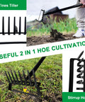 8 Tines Rake And Stirrup Hoe With Adjustable Long Handle For Weeding Digging And Loosening Soil Metal Garden Tiller in action