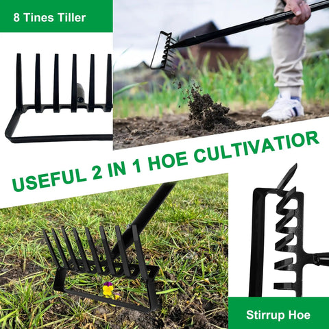8 Tines Rake And Stirrup Hoe With Adjustable Long Handle For Weeding Digging And Loosening Soil Metal Garden Tiller in action
