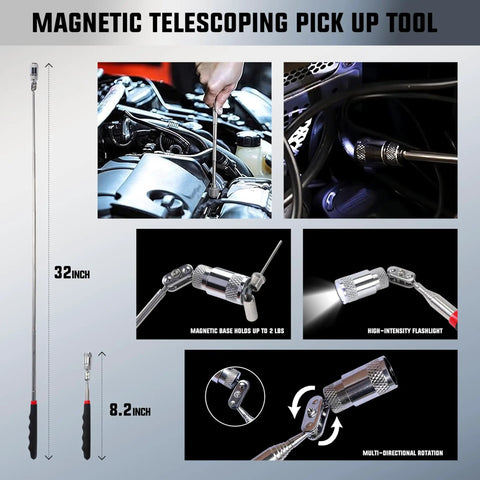 Must Have 26 Piece Car Tool Kit With Stainless Steel Construction Including Fifth Wheel Pin Puller, 68 Inch Long Reach Hook, Air Wedge, Magnetic Pickup Tool With Flashlight, Heavy Duty Auto Repair Essentials For DIYers And Pros