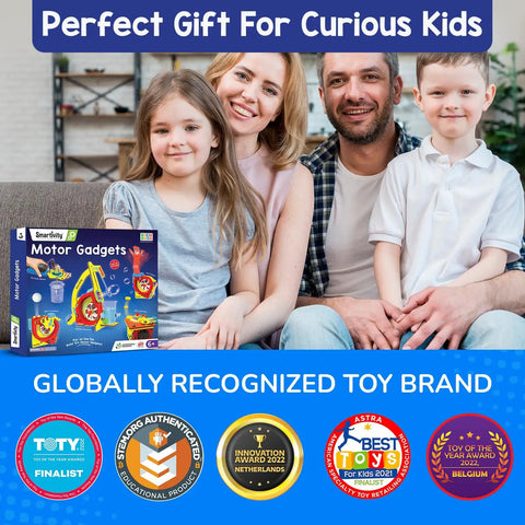 Family with children and Motor Powered 10 In 1 STEM Kit For Kids Build 10 Plus Working Gadgets With One Motor Bubble Launcher Spinner box
