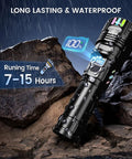 Ridiculously Bright 100000 Lumens USB C Rechargeable LED Flashlight in rain showcasing long-lasting waterproof design
