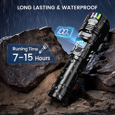 Ridiculously Bright 100000 Lumens USB C Rechargeable LED Flashlight in rain showcasing long-lasting waterproof design