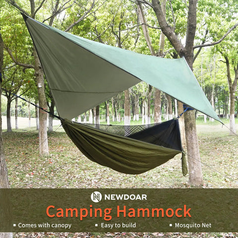 All In One Camping Hammock With Mosquito Net And Rain Fly Tarp Portable Nylon Parachute Hammock in backyard forest setting