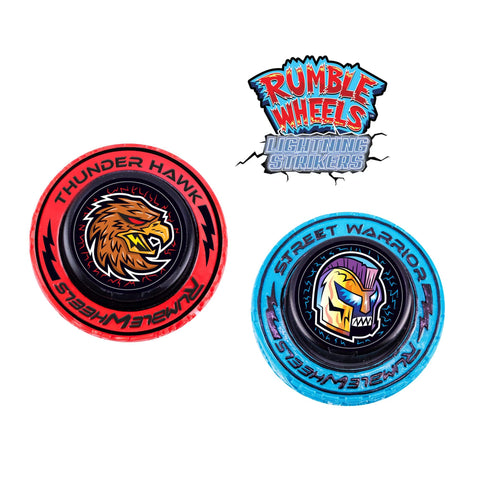 Rumble Wheels Lightning Strikers Rip Cord Racing Tires 2 Pack High Speed Launcher Toy With Light Up Spinning Wheels, Thunder Hawk and Street Warrior designs