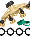 4 Way Heavy Duty Brass Garden Hose Splitter For 3/4 Inch Hoses, No Nonsense Water Faucet Splitter With 4 Valves, Rubber Washers And Teflon Tape, Arthritis Friendly Top Connection, Built Tough Yard Hose Connector For Quick Setup.