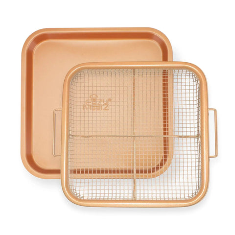 Must Have Air Fry Crisping Basket And Tray Set For Even Cooking Nonstick Copper Finish 9 Inch By 10 Inch 2 Piece Kit With Grease Catcher