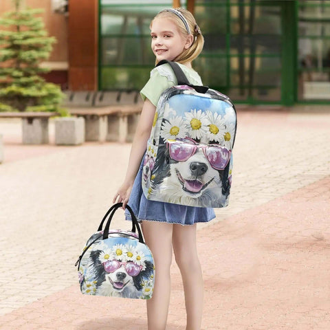 Girl wearing Border Collie Daisy Sunglass Backpack With Insulated Lunch Cooler Lightweight 15.6 Inch Laptop Daypack