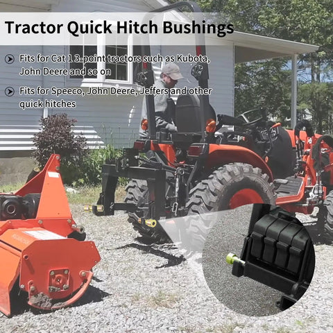 Cat 1 Quick Hitch Bushing Set on 3-point tractor with attachments, includes 2 pairs gold top link and shoulder bushings, and roll pins.