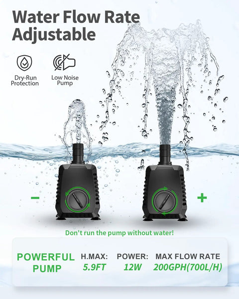 Submersible Pond Pump 200 GPH 700 LPH 12W Ultra Quiet With Overheating Protection And Built In Filter Sponge 5.9 Ft Lift