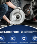 Mechanic installing disc brake suitable for commercial vehicles and large trucks, emphasizing safety and wide application.