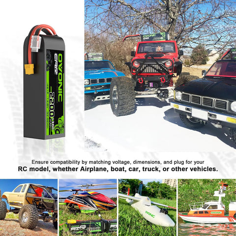 4S 2200mAh 14.8V 130C LiPo RC Battery with XT60 connector, shown with RC cars, boats, and drones in outdoor settings