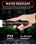 LED Tactical Flashlight PTAC1000 Two Pack With One Mode Operation, hand holding zoomable beam in rainy forest