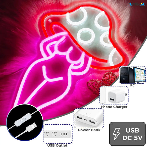 Lady Mushroom Neon Light LED Night Light USB Powered Sign For Man Cave Bar Bedroom Wall Decor Party Art Purple Glow Handmade Unique Dope Neon Accent For Any Space with various USB power options displayed