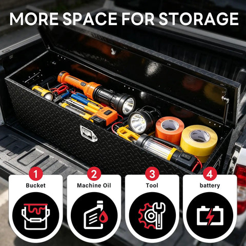 Badass Lockable 48 Inch Aluminum Truck Tool Box With Side Handle And Smooth Gas Struts For Full Size Pickup Diamond Plate Waterproof Bed Storage In Black