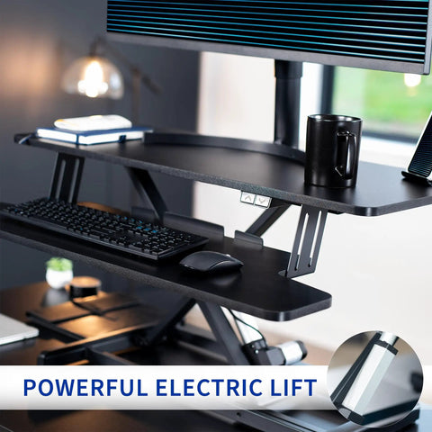 36 Inch Electric Desk Converter For Sit To Stand Dual Monitor And Laptop Workstation with keyboard tray in black finish