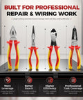 Pro Grade 1000V Insulated Pliers Set For Electricians, 4 Piece Heavy Duty Cr-Mo Tools With 8 Inch Combination Pliers, 8 Inch Needle Nose Pliers, 8 Inch Wire Stripper, And 7 Inch Diagonal Cutters. Four insulated tools on workbench for wiring