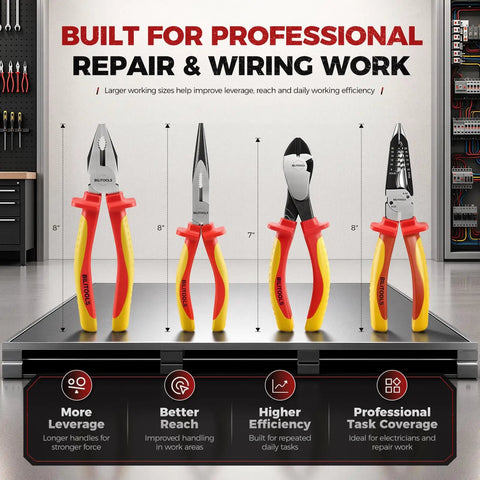 Pro Grade 1000V Insulated Pliers Set For Electricians, 4 Piece Heavy Duty Cr-Mo Tools With 8 Inch Combination Pliers, 8 Inch Needle Nose Pliers, 8 Inch Wire Stripper, And 7 Inch Diagonal Cutters. Four insulated tools on workbench for wiring