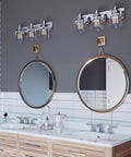 Calhoun Collection Clear Glass Farmhouse Bath Vanity Light Three Light Brushed Nickel Vintage Inspired Fixture on wall above vanity.