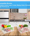 Kitchen scene with 2 Pack Upgraded Fridge Crisper Drawers With Humidity Control Upper And Lower Bin Replacement filled with vegetables and meats