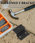 Rock Solid Z Shaped Shelf Brackets For Cabinets And Bathrooms, Heavy Duty Wall Mount Braces, shown with toolbox and hammer